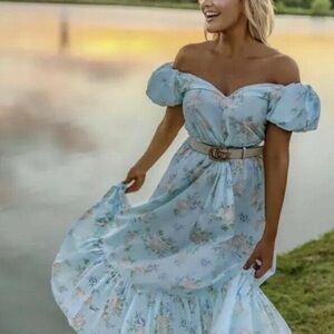 NEW LoveShackFancy Estelle Puff Sleeve Blue Maxi Dress 22W